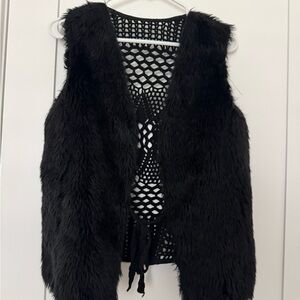 Roper size medium Black Faux Fur Vest with Crochet Back.